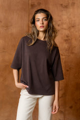 T-SHIRT BASIC BOPOCO OVERSIZE RĘKAW 3/4 BRĄZOWY image 1