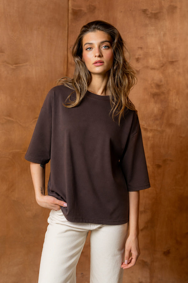 T-SHIRT BASIC BOPOCO OVERSIZE RĘKAW 3/4 BRĄZOWY image 1