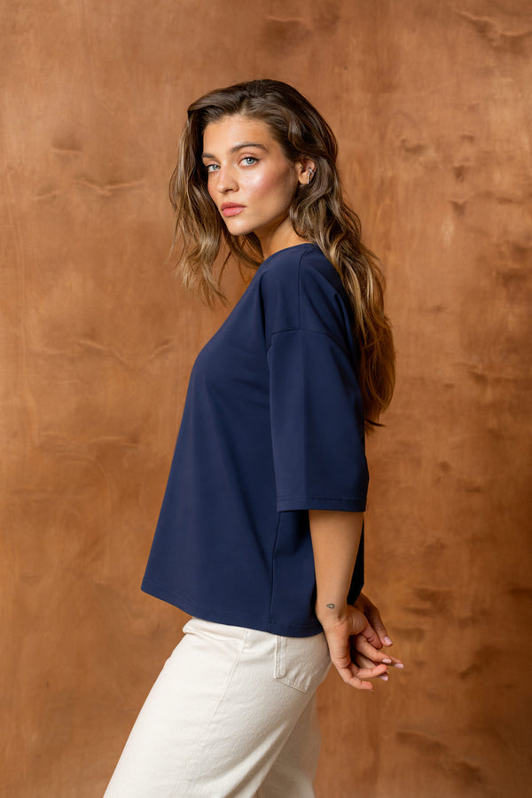 T-SHIRT BASIC BOPOCO OVERSIZE RĘKAW 3/4  GRANATOWY image 1