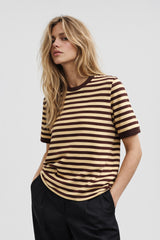 T-SHIRT W PASKI BRĄZOWO-ŻÓŁTE image 1