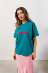 T-SHIRT BOPOCO PETROLOWY Z RÓŻOWYM HAFTEM image 2