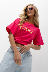 T-SHIRT BOPOCO RÓŻOWY Z POMARAŃCZOWĄ LAMÓWKĄ image 1