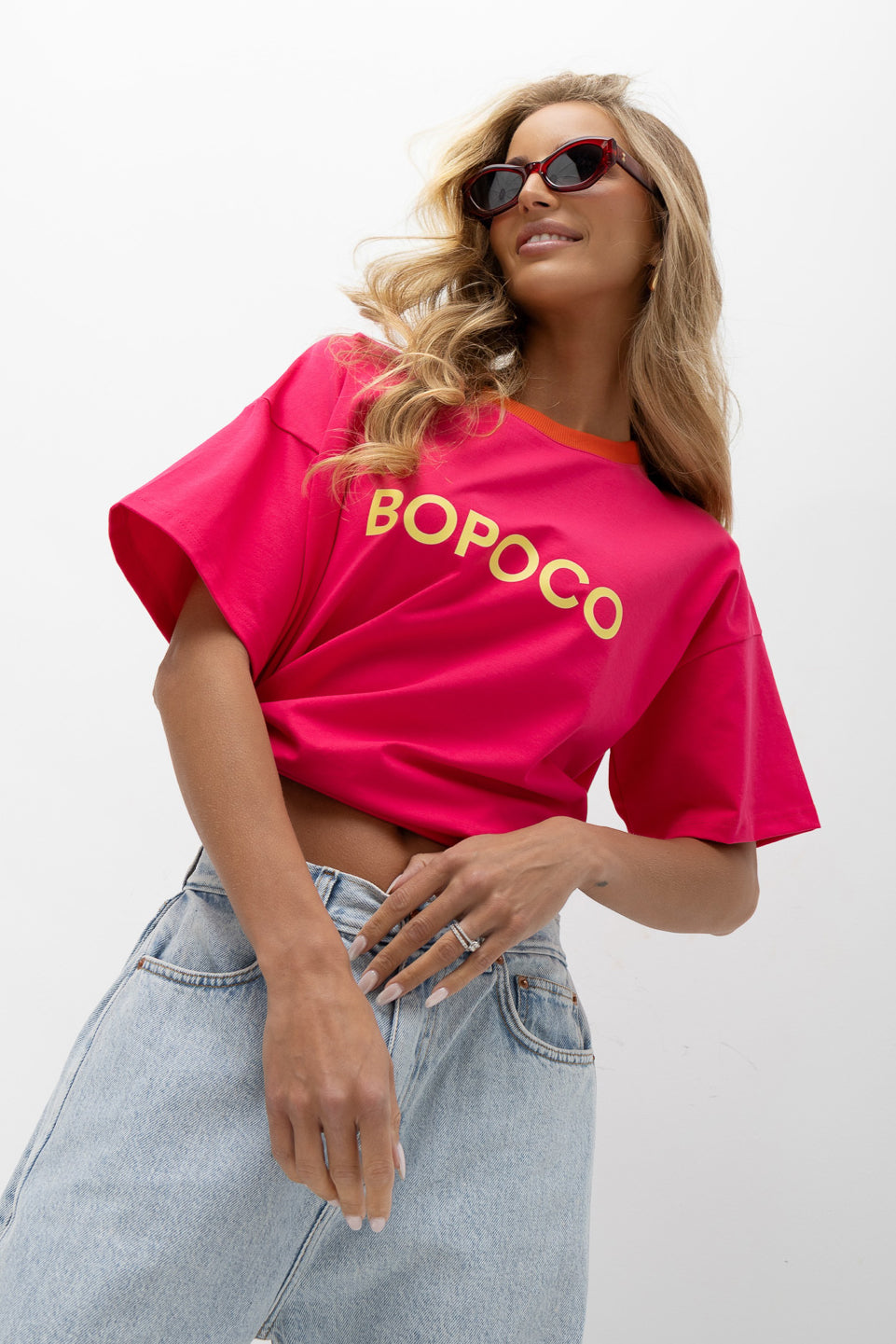 T-SHIRT BOPOCO RÓŻOWY Z POMARAŃCZOWĄ LAMÓWKĄ image 1