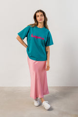 T-SHIRT BOPOCO PETROLOWY Z RÓŻOWYM HAFTEM image 1