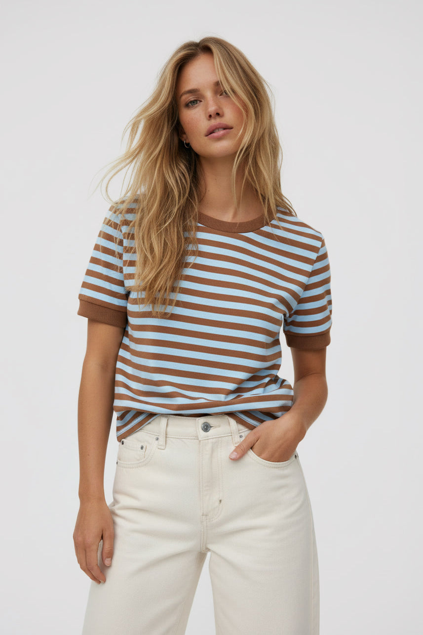 T-SHIRT W PASKI KARMELOWO-NIEBIESKIE image 0