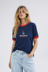 T-SHIRT GRANATOWY BONJOUR Z LAMÓWKĄ image 1