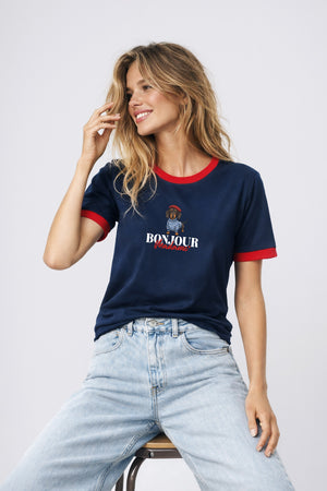 T-SHIRT GRANATOWY BONJOUR Z LAMÓWKĄ image 0