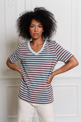 T-SHIRT V-NECK W PASKI NIEBIESKO-BRĄZOWE image 1