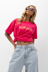 T-SHIRT BOPOCO RÓŻOWY Z POMARAŃCZOWĄ LAMÓWKĄ image 2