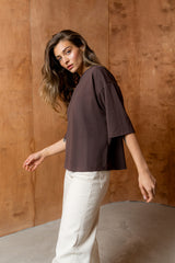 T-SHIRT BASIC BOPOCO OVERSIZE RĘKAW 3/4 BRĄZOWY image 2