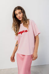 T-SHIRT BOPOCO RÓŻOWY Z CZERWONYM HAFTEM image 1