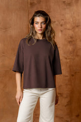T-SHIRT BASIC BOPOCO OVERSIZE RĘKAW 3/4 BRĄZOWY image 0