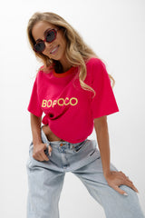 T-SHIRT BOPOCO RÓŻOWY Z POMARAŃCZOWĄ LAMÓWKĄ image 3
