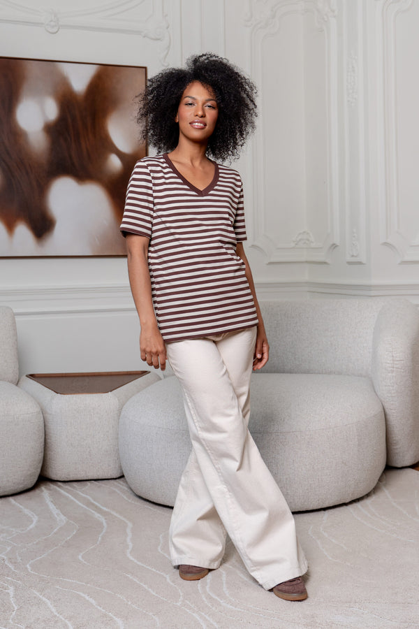 T-SHIRT V-NECK W PASKI BRĄZOWO-BEŻOWE image 1