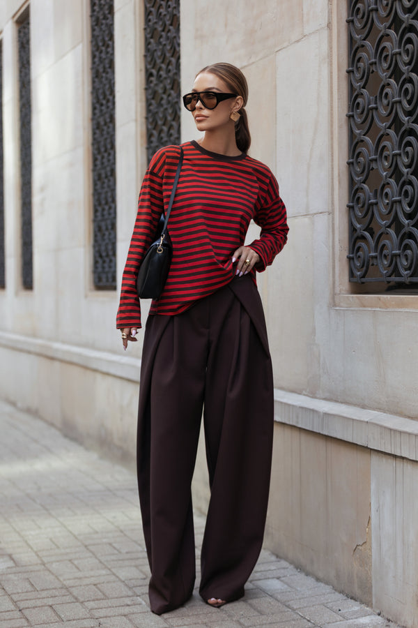 LONGSLEEVE OVERSIZE W PASKI BRĄZOWO-CZERWONE