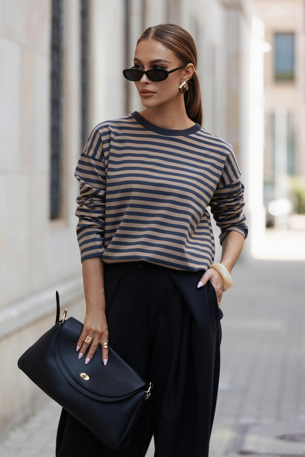 LONGSLEEVE OVERSIZE W PASKI GRAFITOWO-KARMELOWE