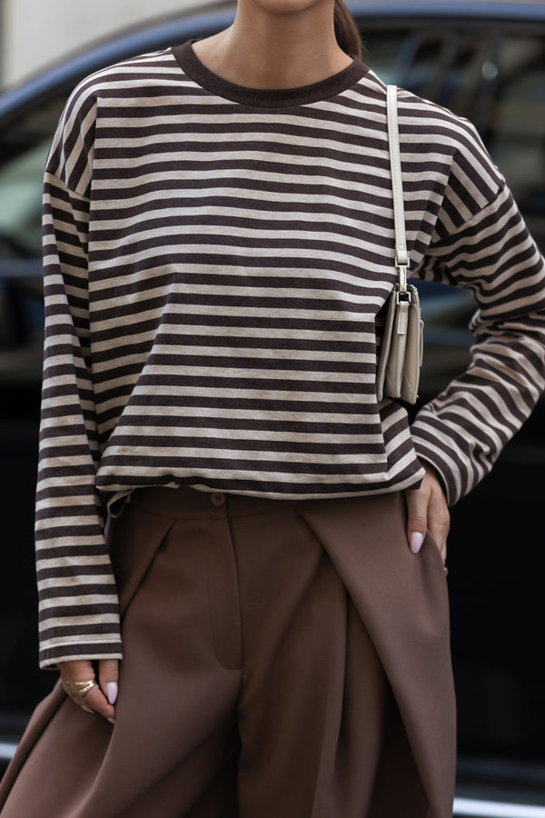 LONGSLEEVE OVERSIZE W PASKI BRĄZOWO-BEŻOWY MELANŻ