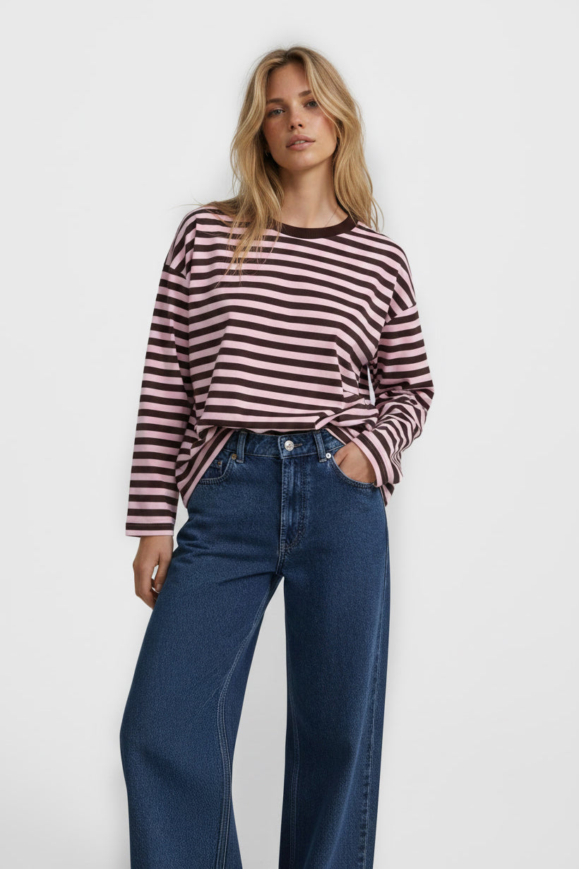 LONGSLEEVE OVERSIZE W PASKI BRĄZOWO-RÓŻOWE