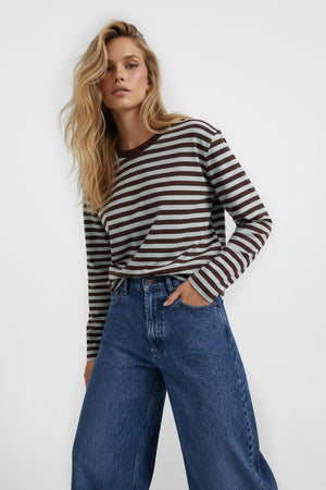 LONGSLEEVE OVERSIZE W PASKI BRĄZOWO-SZAŁWIOWY