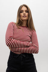 LONGSLEEVE PRĄŻEK W PASKI BORDOWO-BEŻOWY MELANŻ