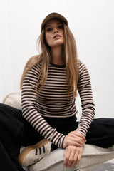 LONGSLEEVE PRĄŻEK W PASKI BRĄZOWO-BEŻOWY MELANŻ