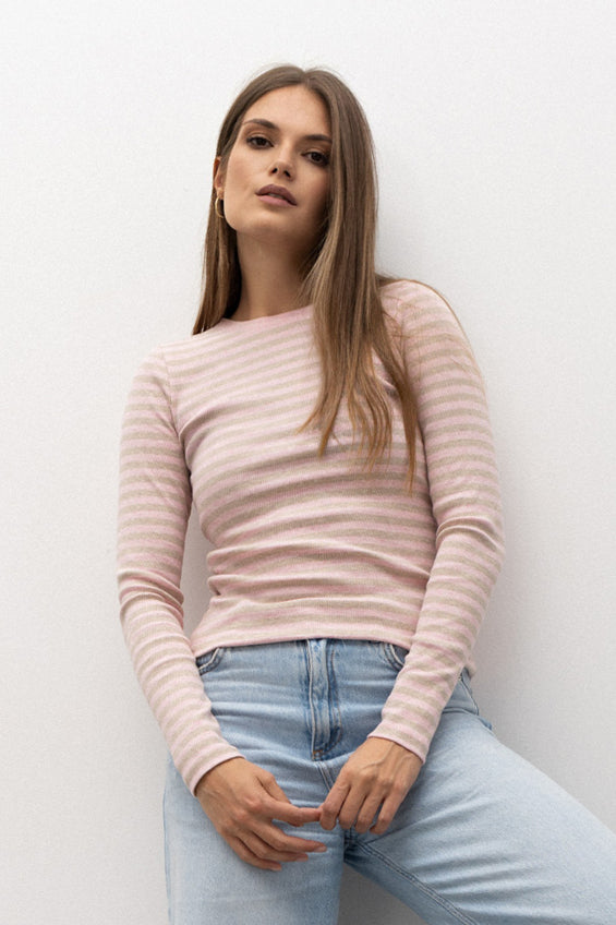LONGSLEEVE PRĄŻEK W PASKI RÓŻOWO-BEŻOWY MELANŻ