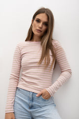 LONGSLEEVE PRĄŻEK W PASKI RÓŻOWO-BEŻOWY MELANŻ