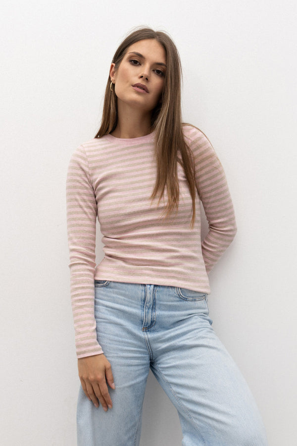 LONGSLEEVE PRĄŻEK W PASKI RÓŻOWO-BEŻOWY MELANŻ