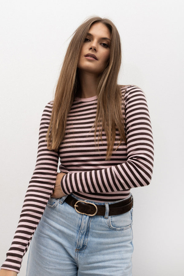 LONGSLEEVE PRĄŻEK W PASKI RÓŻOWO-BRĄZOWY MELANŻ