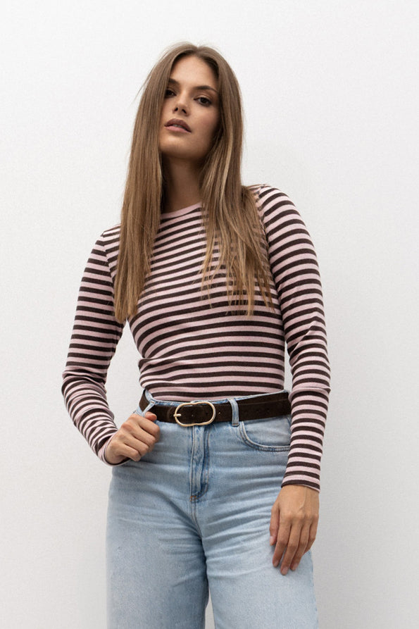 LONGSLEEVE PRĄŻEK W PASKI RÓŻOWO-BRĄZOWY MELANŻ