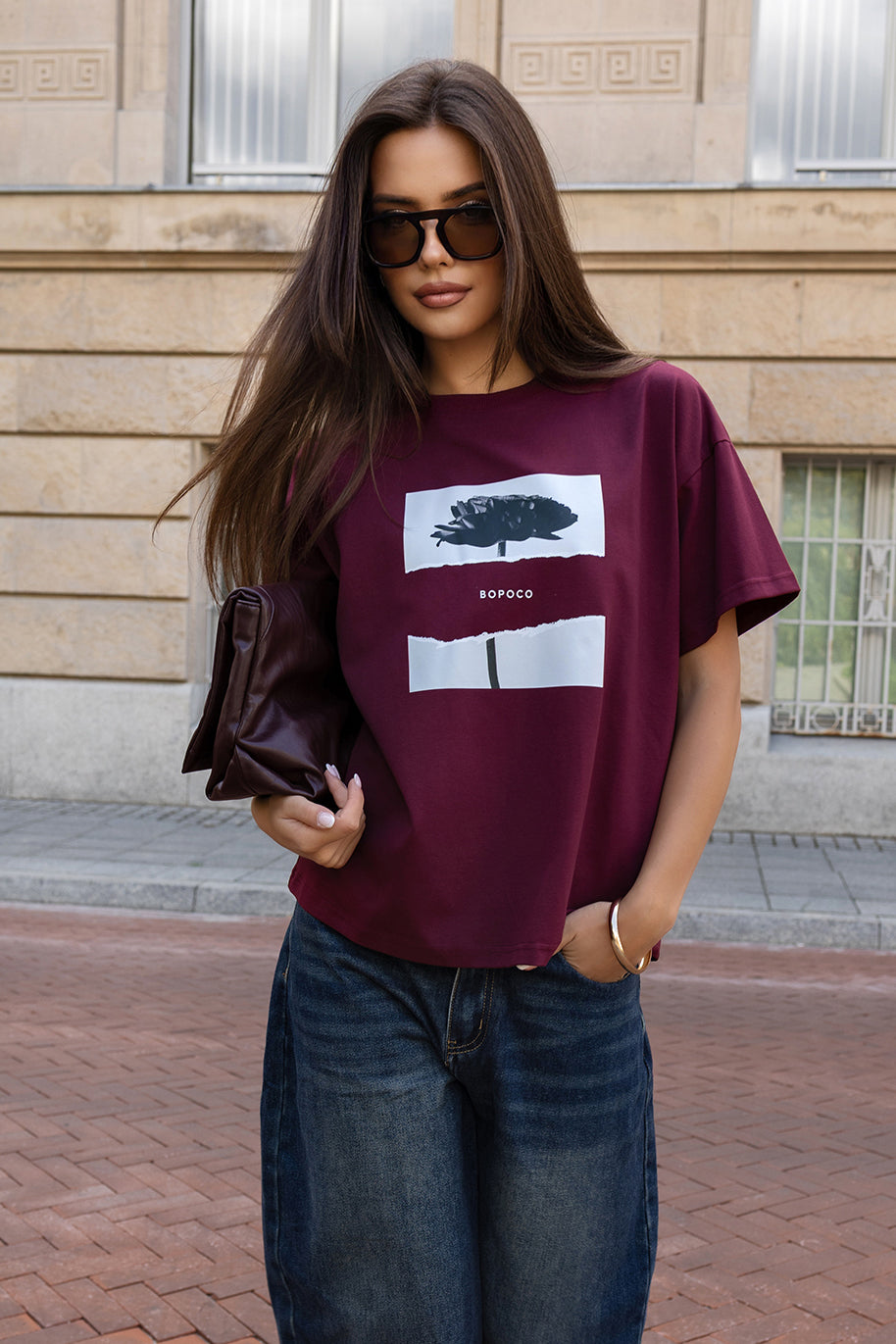 T-SHIRT BLACK FLOWER BORDOWY