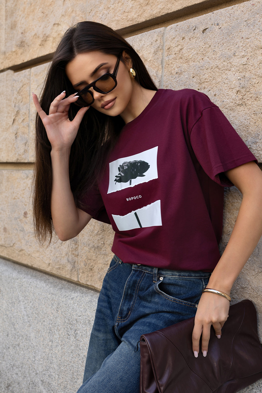 T-SHIRT BLACK FLOWER BORDOWY