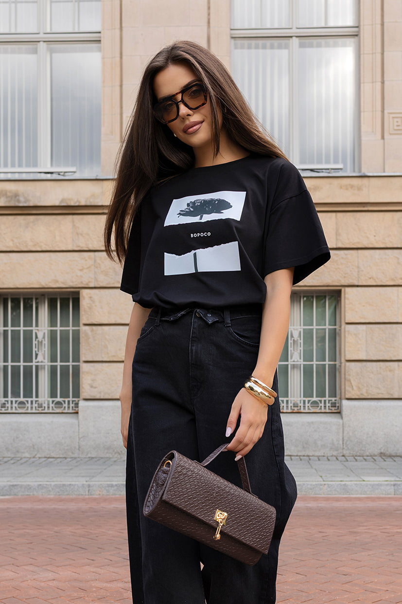 T-SHIRT BLACK FLOWER CZARNY