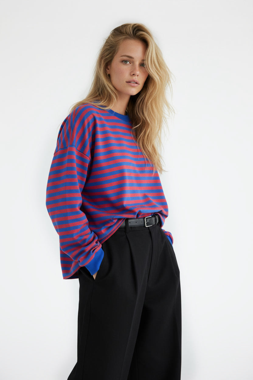 LONGSLEEVE HEAVY W PASKI CHABROWO-CZERWONE