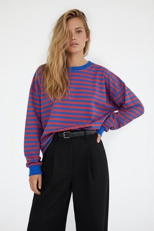 LONGSLEEVE HEAVY W PASKI CHABROWO-CZERWONE