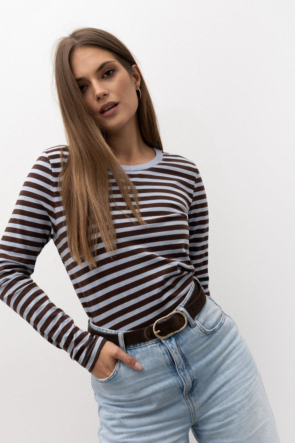 LONGSLEEVE W PASKI BŁĘKITNO-BRĄZOWY MELANŻ