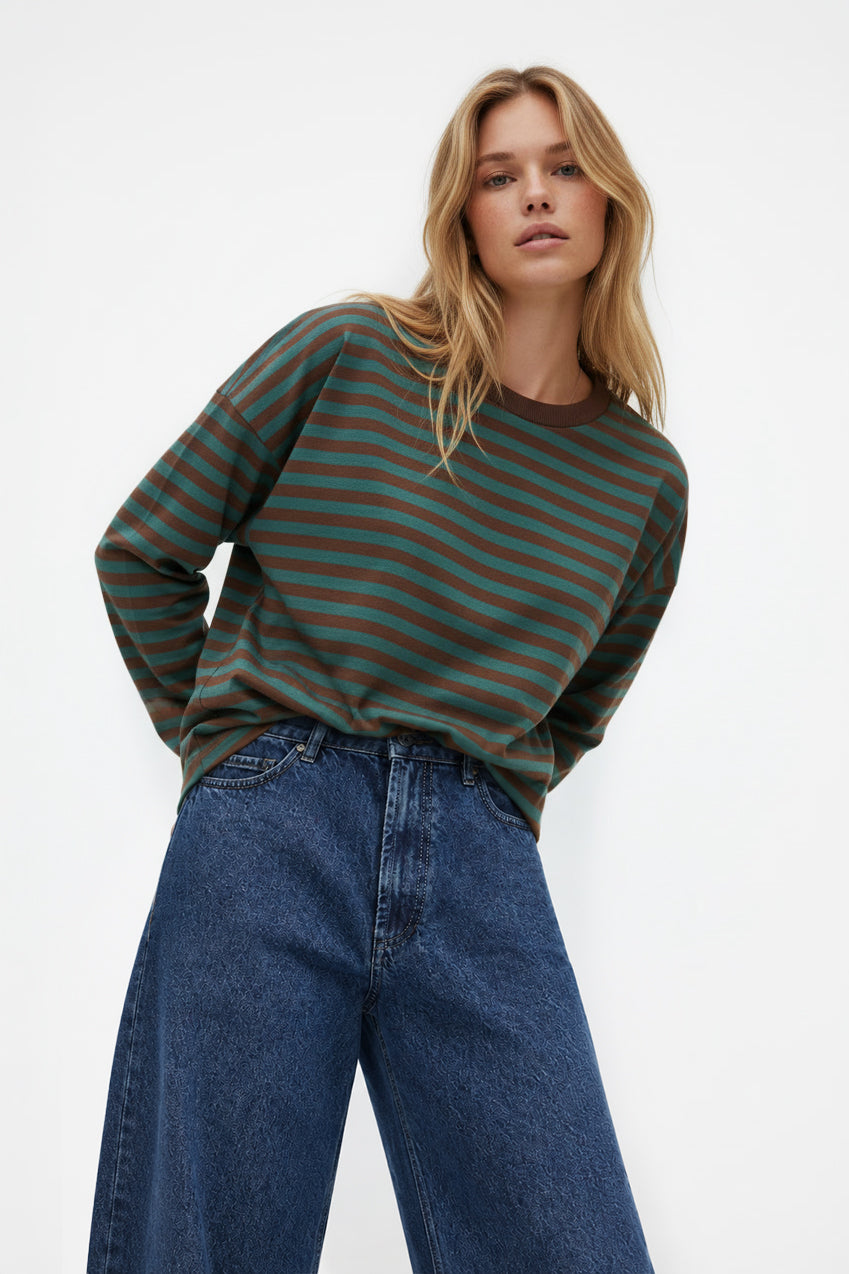 LONGSLEEVE OVERSIZE W PASKI BRĄZOWO-ZIELONE