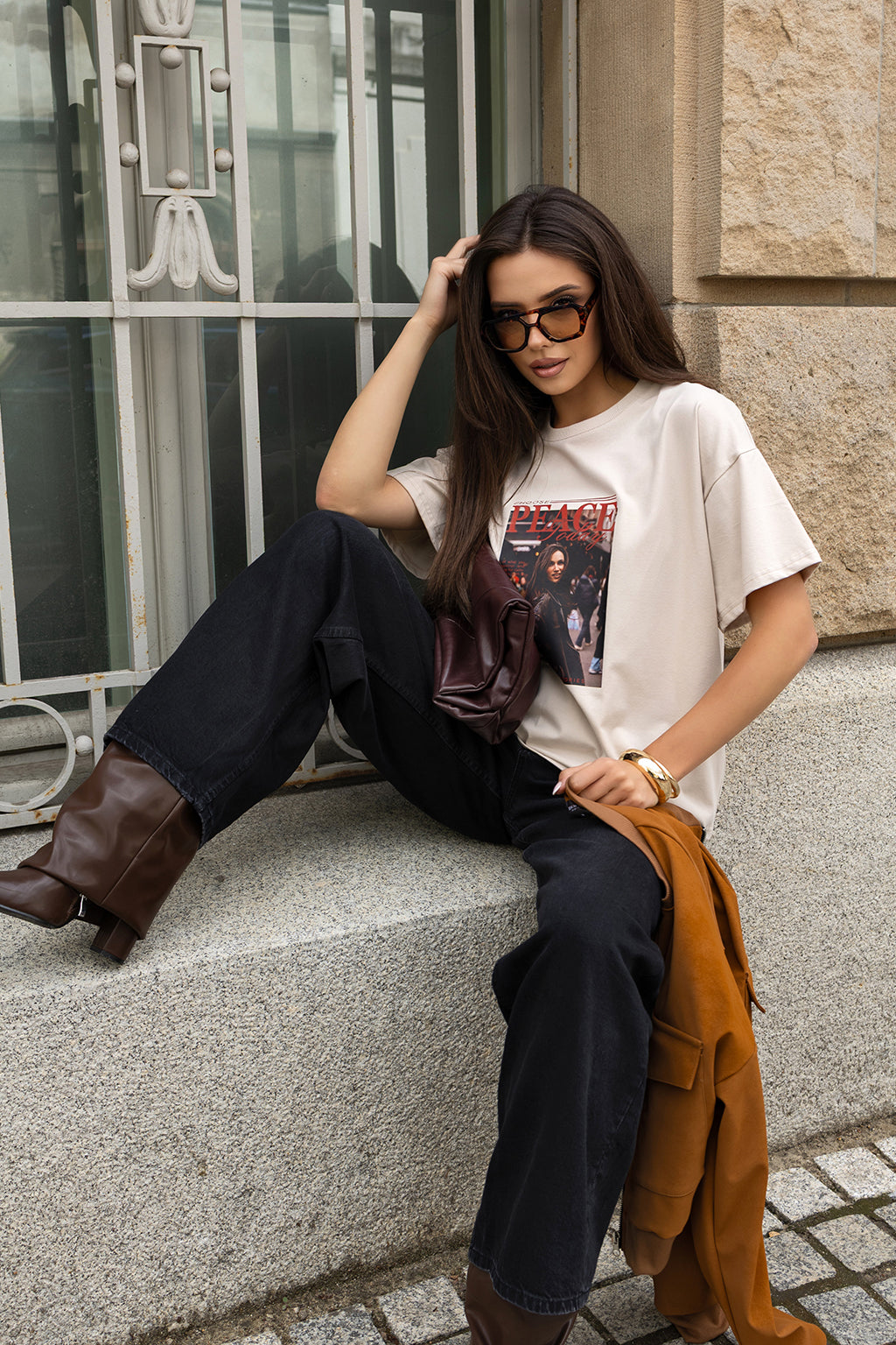 T-SHIRT PEACE BEŻOWY