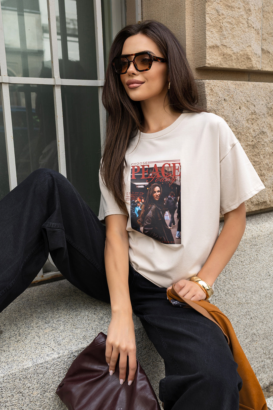 T-SHIRT PEACE BEŻOWY