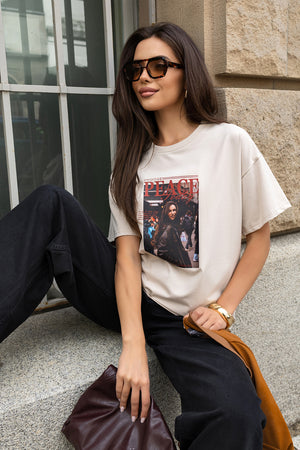 T-SHIRT PEACE BEŻOWY