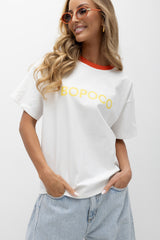 T-SHIRT BOPOCO BIAŁY Z POMARAŃCZOWĄ LAMÓWKĄ image 0