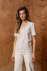 T-SHIRT BASIC BOPOCO NORMAL V-NECK BEŻOWY image 0