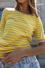 T-SHIRT W PASKI BEŻOWO-ŻÓŁTE image 2