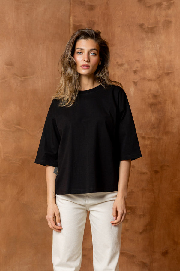 T-SHIRT BASIC BOPOCO OVERSIZE RĘKAW 3/4 CZARNY image 1