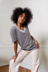 T-SHIRT V-NECK W PASKI NIEBIESKO-BRĄZOWE image 0