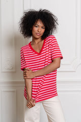 T-SHIRT V-NECK W PASKI CZERWONO-RÓŻOWE image 0