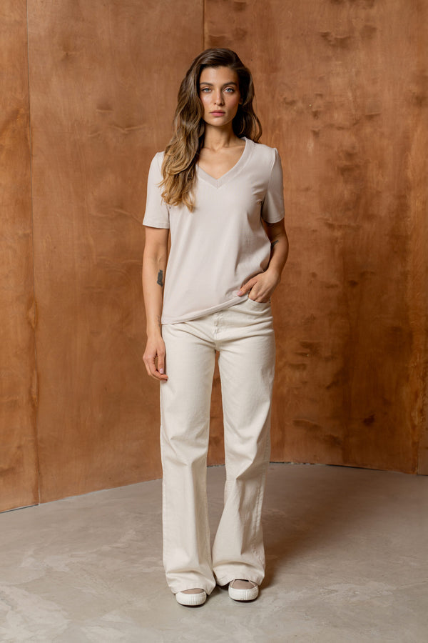 T-SHIRT BASIC BOPOCO NORMAL V-NECK BEŻOWY image 1