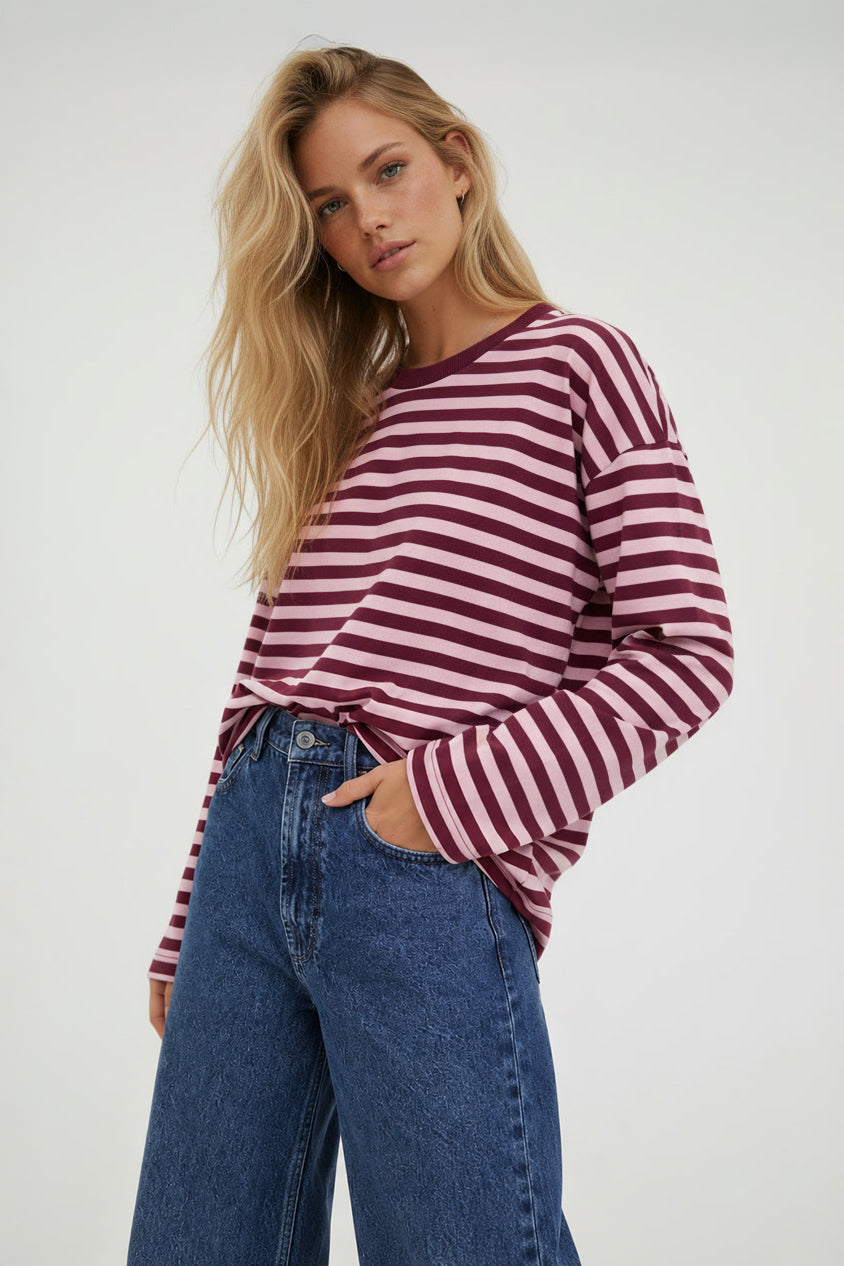 LONGSLEEVE OVERSIZE W PASKI BORDOWO-RÓŻOWY
