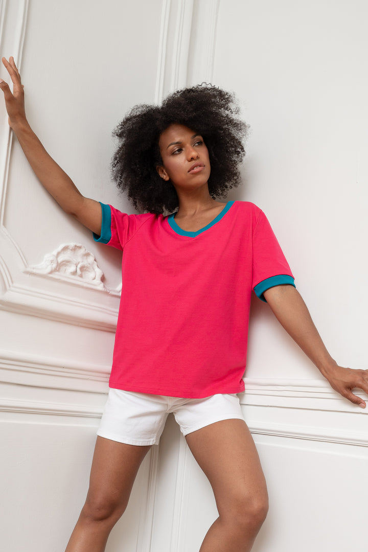 T-SHIRT V-NECK TRUE STORIES FUKSJA