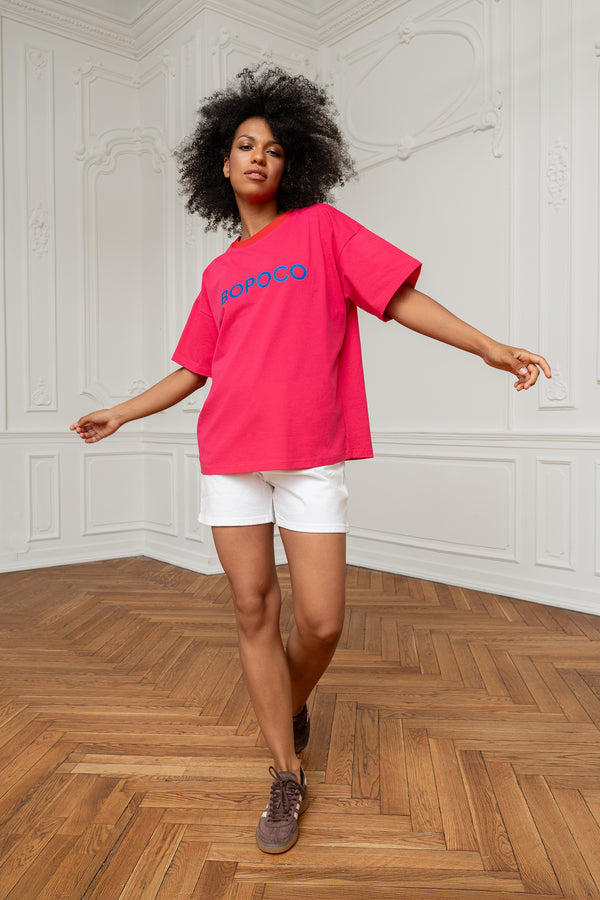 T-SHIRT BOPOCO RÓŻOWY Z CZERWONĄ LAMÓWKĄ